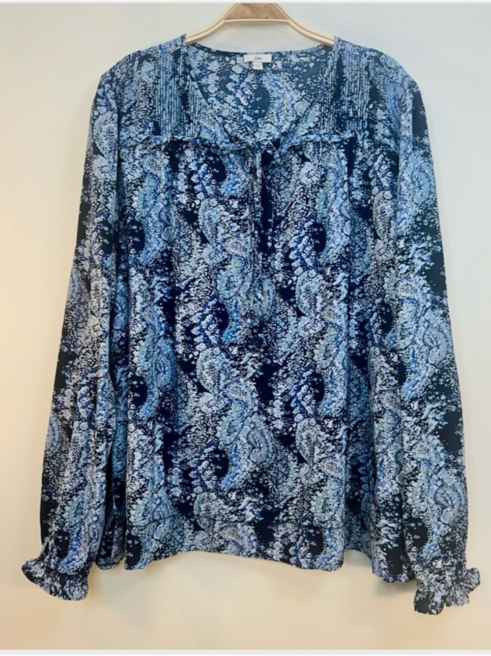 EUC Joie Womens Blue Parisian Paisley Long Sleeve Peasant Tie Neck Blouse Sz XXL